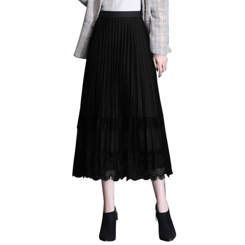 GeleiStory/GeleiStory  春夏新款高腰垂感松緊腰兩面穿蕾絲A字百褶裙子  女裝＞女士裙裝＞女士半身裙