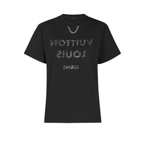 Louis Vuitton/路易威登 22年秋冬新款 女士黑色純棉斑駁效果印花配金屬鏈條短袖T恤1A84CJ