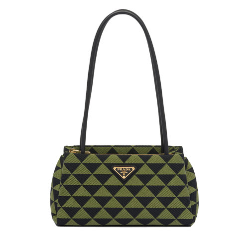 PRADA/普拉達(dá) 22新款 女士黑色/常春藤綠三角雙色拼接效果織物配皮徽標(biāo)金扣飾刺繡提花手提包1BA368_2FKL_F0G5R_V_OOO