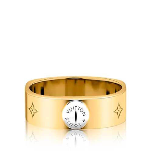 Louis Vuitton/路易威登 22春夏新款NANOGRAM系列 金色鍍金黃銅鏤刻老花圖案搭配品牌鉚釘指環(huán)戒指M00210