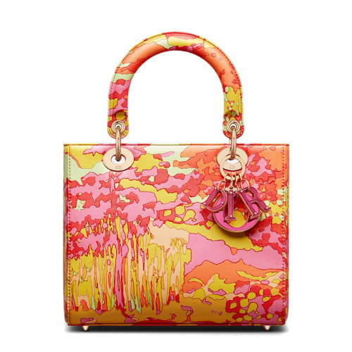DIOR/迪奧 22春夏新款LADY系列 女士中號橙色小牛皮多色抽象森林印花霓虹粉色吊飾單肩斜跨手提戴妃包M0565WWDO_M057