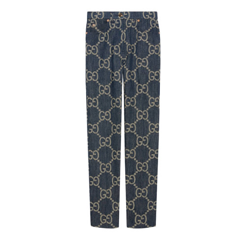 GUCCI/古馳 22年秋冬新款 女士藍(lán)色/象牙白色純棉丹寧面料老花圖案長(zhǎng)褲678811XDBTX4492