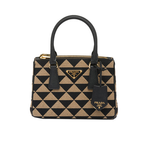 PRADA/普拉達 22新款 Galleria系列 女士黑色/米色拼色刺繡面料配皮手柄拆卸鑰匙圈拉鏈開合金色徽標單肩手提斜挎包1BA906_2FKL_F0Y30_V_XOM