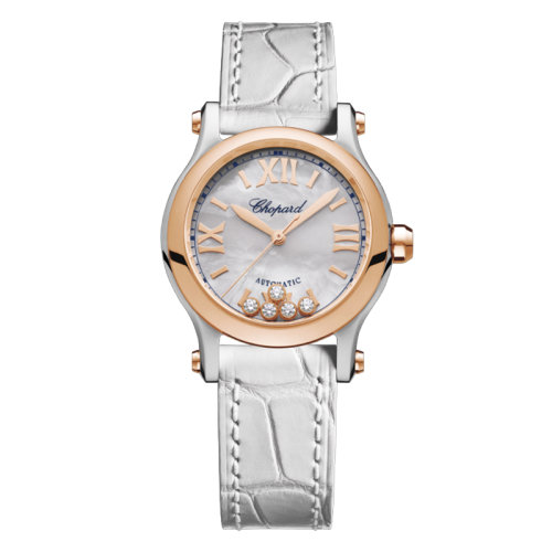  Chopard/蕭邦  Happy Sport系列 自動(dòng)機(jī)械表精鋼玫瑰金表殼白鱷魚(yú)皮表帶女表30毫米278573-6018