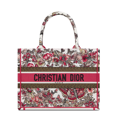 DIOR/迪奧 22情人節(jié)限定BOOK TOTE系列 女士小號(hào)奶白色多色蝴蝶刺繡手提包M1296ZRHQ_M884