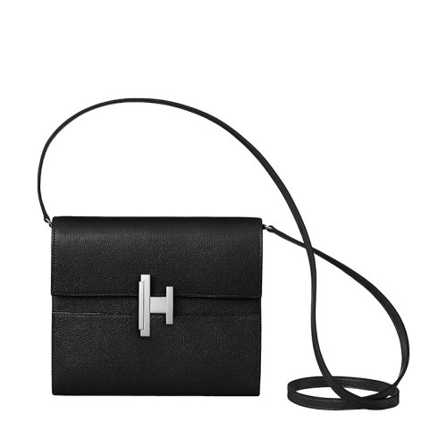 HERMES/愛馬仕 Cinhetic To Go系列 女士黑色山羊皮徽標(biāo)扣可拆卸肩帶錢包H077676CK89