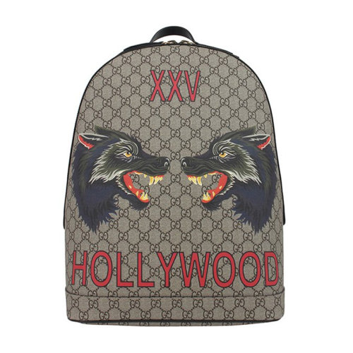 GUCCI/古馳 男士咖啡色PVC配皮狼頭圖案經(jīng)典雙G印花拉鏈開合雙肩包手提包旅行包背包男包 419584-9HUAT-8697