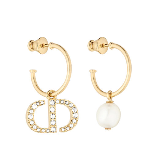 DIOR/迪奧 PETIT CD系列 白色樹脂珍珠鑲嵌白色水晶CD鍍金金屬不對稱耳環(huán)E1548PTCCY_D301