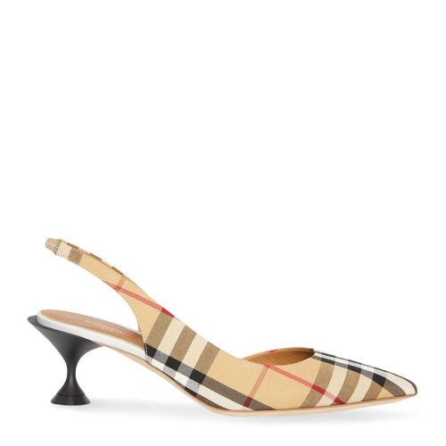BURBERRY/博柏利 女士米色格紋棉質(zhì)配皮露跟高跟鞋尖頭鞋涼鞋女鞋 8010964