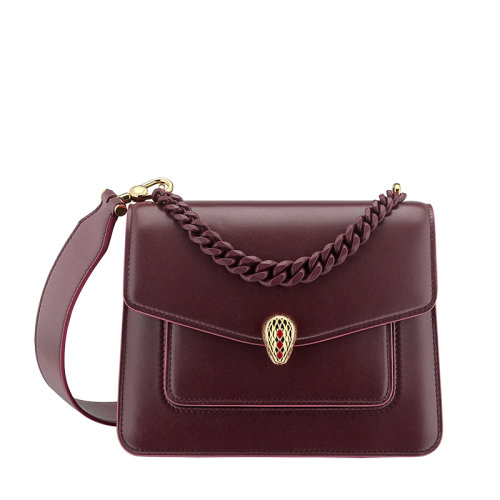 BVLGARI/寶格麗 SERPENTI FOREVER系列 女士小號(hào)酒紅色納帕皮翻蓋鏈條蛇頭扣單肩斜挎包290985