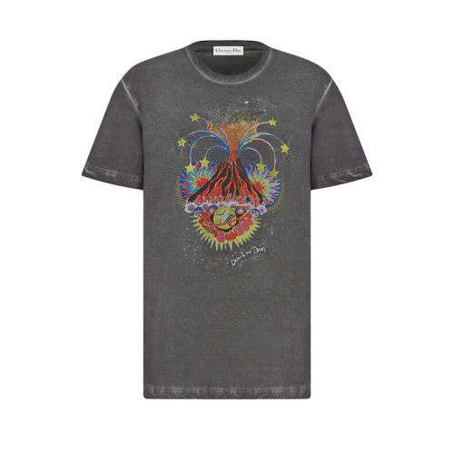 DIOR/迪奧 22年秋冬新款 女士灰色棉質(zhì)和亞麻混紡多色火山圖案短袖T恤243T03VN458_X9529