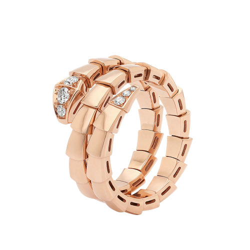 BVLGARI/寶格麗 男女通用SERPENTI VIPER 18K金玫瑰金雙層包裹式戒指鑲有半密釘鉆石蛇形毒蛇戒指 357866