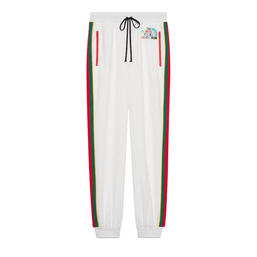 GUCCI/古馳 22秋冬款 The North Face聯(lián)名系列 女士米白色滌綸/棉混紡飾有刺繡LOGO圖案綠紅條紋平紋針織長褲?673972XJDUE9799