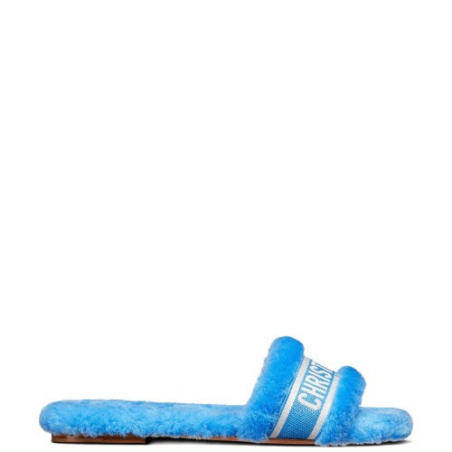 DIOR/迪奧 22年早春新款 CHEZ MOI系列 女士湖藍(lán)色棉質(zhì)刺繡和皮毛一體平地涼拖KDQ708ESK_S17N