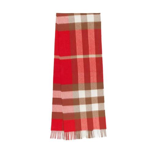 BURBERRY/博柏利 22年早春新款 男女同款亮紅色純羊絨格紋流蘇圍巾80223481