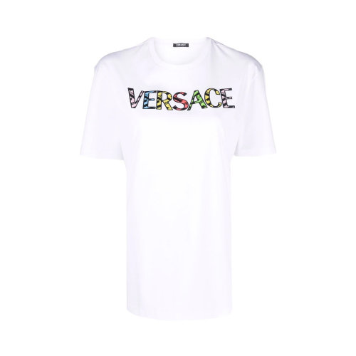 VERSACE/范思哲 女士白色棉質(zhì)印花裝飾圓領(lǐng)短袖上衣T恤 10041601-A029922-W070
