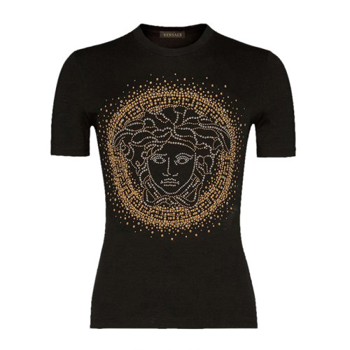 VERSACE/范思哲 女士黑色棉質(zhì)經(jīng)典美杜莎頭像裝飾圓領(lǐng)上衣短袖T恤 A82241-A232123-A1008
