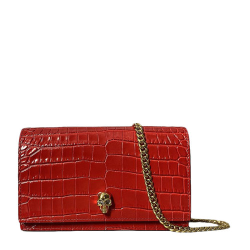 Alexander McQueen/亞歷山大麥昆 女士小牛皮鱷魚紋骷髏頭單肩包斜挎包女包 613088-1HB0G多色可選