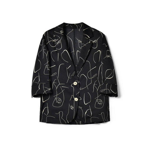 GeleiStory/GeleiStory 春夏新款緞面大印花翻領(lǐng)單排扣七分袖無里布小西服上衣  女裝＞女士西裝＞女士西服