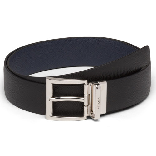 PRADA/普拉達(dá)  男士黑色/海軍藍(lán)摩洛哥皮革和拋光鋼扣雙面腰帶33毫米2CC004_053_F0RD7