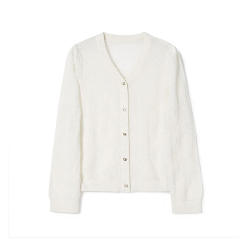 GeleiStory/GeleiStory  春夏新款氣質輕奢蕾絲感提花鏤空舒適柔軟上衣針織開衫女  女裝＞女針織衫/毛衣＞女士針織衫/毛衣