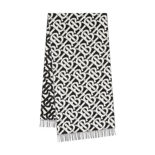 BURBERRY/博柏利 22年早春新款 男女同款黑白拼色純羊絨老花印花流蘇圍巾80339881