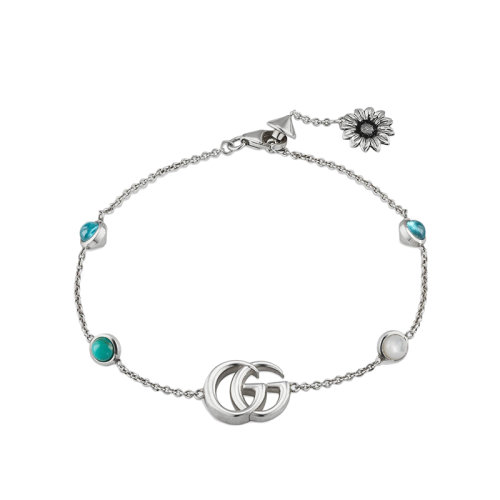 GUCCI/古馳 經(jīng)典925銀雙G鑲嵌白色珍珠母貝綠松石藍(lán)色托帕石復(fù)古花朵手鏈527393J84748517