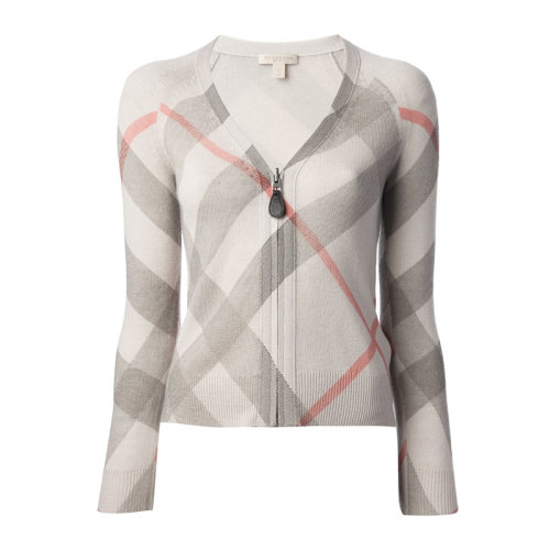 Burberry/博柏利 女士米灰色羊毛經(jīng)典格紋V領(lǐng)長(zhǎng)袖針織衫毛衣