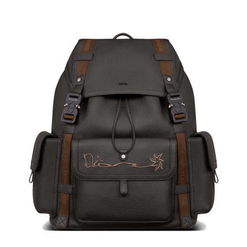 DIOR/迪奧 22新款HIT THE ROAD系列 CACTUS JACK聯(lián)名款男士黑色粒面牛皮革刺繡標志抽繩翻蓋開合雙肩背包1ESBA163SOT_H03E