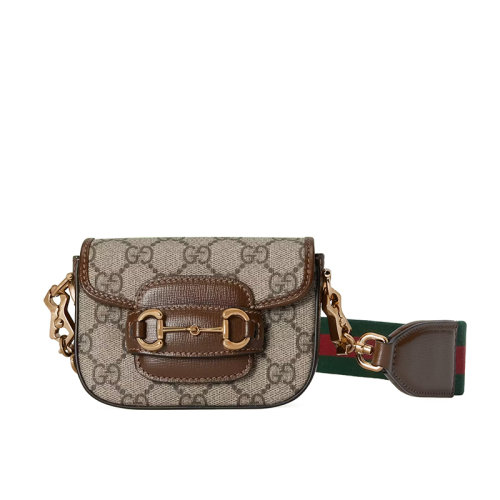 GUCCI/古馳 22新款Horsebit 1955系列 女士超迷你米色/烏木色老花帆布配皮馬銜扣金扣單肩斜跨包699760HUHHG8565