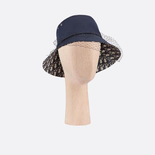  DIOR迪奧 22年秋冬 女士 帽子 窄檐桶帽-藍(lán)色棉質(zhì)-oblique-印花搭配面紗 95TDD924G130_C563