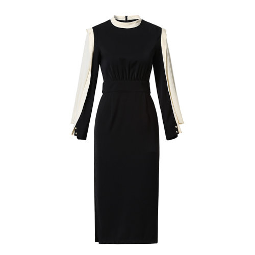 GeleiStory/GeleiStory  新款禮服裙中長款長袖圓領(lǐng)撞色拼接開叉修身顯瘦包臀裙   女裝＞女士裙裝＞女士連衣裙