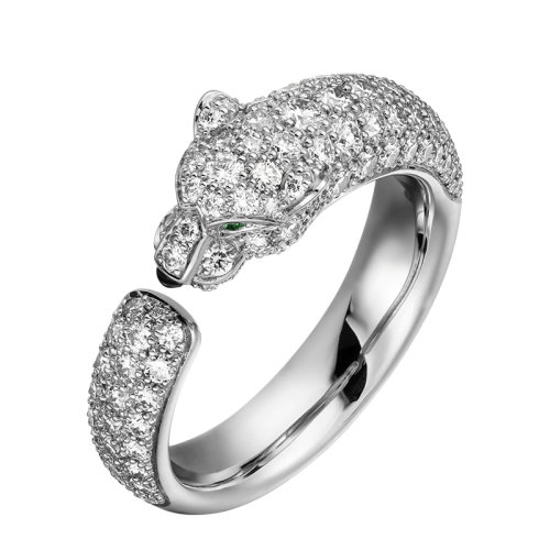 CARTIER/卡地亞 Panthère 系列 18K金白金鉆石祖母綠瑪瑙戒指 鑲嵌2顆祖母綠和112顆明亮切工鉆石N4765600