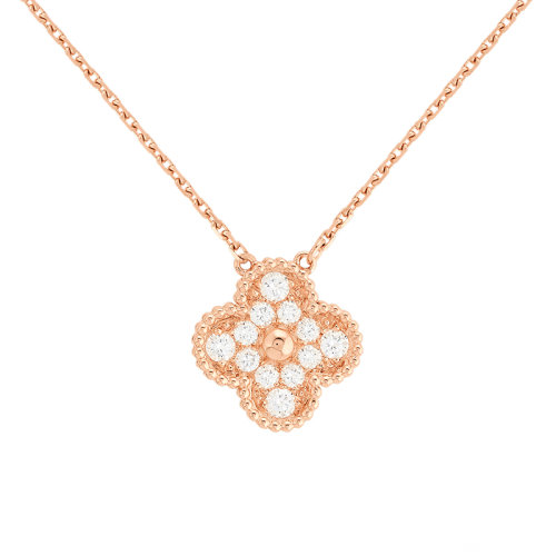 Van Cleef & Arpels/梵克雅寶 經(jīng)典款Vintage Alhambra系列 18K金玫瑰金鑲嵌滿鉆四葉草項(xiàng)鏈VCARP2R300