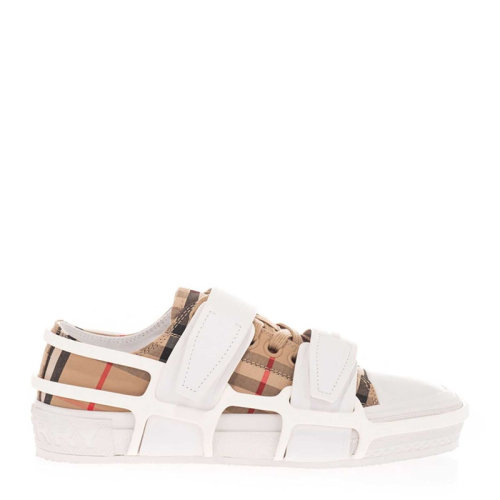 BURBERRY/博柏利 女士卡其色小牛皮拼接棉經(jīng)典Vintage格紋系帶魔術(shù)貼綁帶鞋跟Burberry字母印花休閑鞋運(yùn)動(dòng)鞋平底鞋女鞋 8034326