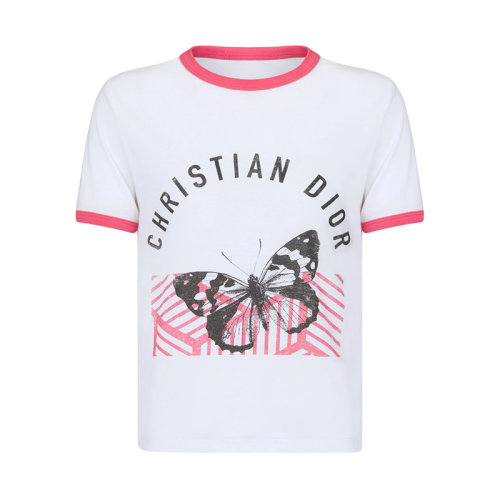 DIOR/迪奧 22年春夏新款 女士白色/熒光粉色純棉D(zhuǎn)-Jungle Pop圖案短袖T恤223T18A4499_X4804