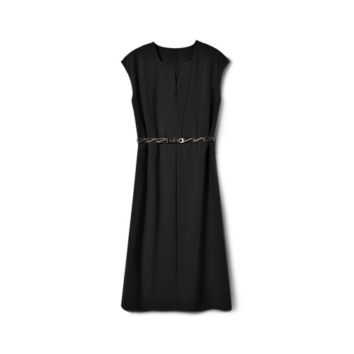 GeleiStory/GeleiStory  夏季新款法式直筒小落肩金屬腰帶氣質(zhì)輕熟中長款連衣裙  女裝＞女士裙裝＞女士連衣裙