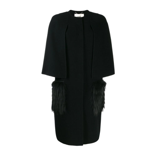 FENDI/芬迪 女裝 服裝黑色羊毛狐貍毛口袋中長款 女士外套女士大衣 FF8657-A5G0-F0GME