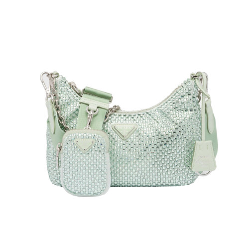 PRADA/普拉達(dá) 22新款 Re-Edition 2005系列 女士mini綠色水晶緞面調(diào)節(jié)的編織肩帶鏈?zhǔn)绞直溞〈刹鹦惰€匙圈單肩手提斜挎包1BH204_2AWL_F0934