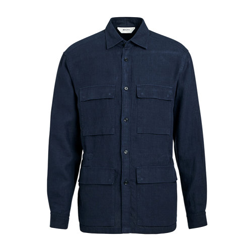 Z Zegna杰尼亞 深藍(lán)色 男士亞麻襯衫外套 VU160-ZCOS1-B08