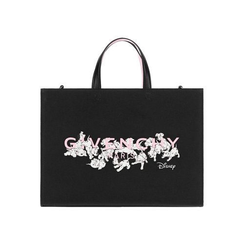 Givenchy/紀梵希 22新款 迪士尼聯(lián)名系列 女士中號黑色帆布斑點狗字母印花圖案拆卸寬肩帶皮革手柄銀色飾面金屬單肩斜挎手提托特包BB50N2B1KE-024