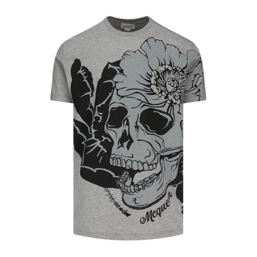 Alexander McQueen/亞歷山大麥昆 男士灰色棉質(zhì)大號骷髏頭印花圓領(lǐng)短袖T恤 626674-QPZ59-0902