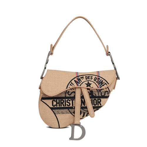 DIOR/迪奧 22春夏新款SADDLE系列 女士米色Dior Union圖案刺繡黃麻帆布手提馬鞍包M0446BRUW_M918