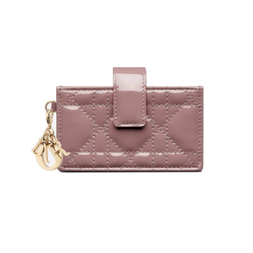 DIOR/迪奧 23新款 LADY系列 女士牡丹粉色漆皮小牛皮拆卸字母吊飾按扣翻蓋開合卡包S0074OVRB_M81P