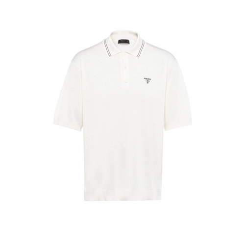PRADA/普拉達 22年春夏新款 男士白色真絲Logo三角刺繡短袖Polo衫UMB274_1ZRP_F0009_S_212