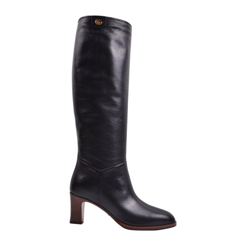 GUCCI/古馳 黑色 牛皮細(xì)紋 虎頭金屬裝飾圓頭套筒高跟長(zhǎng)靴秋冬女靴 6cm 549676 0PL00 1000