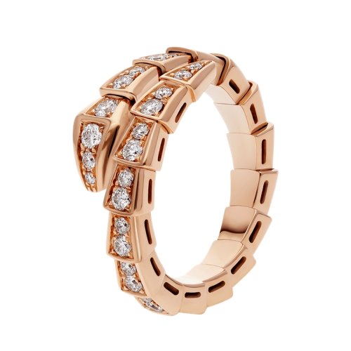 BVLGARI/寶格麗 Serpenti Viper系列 經(jīng)典款18K金玫瑰金滿鉆 單圈蛇形戒指  355974