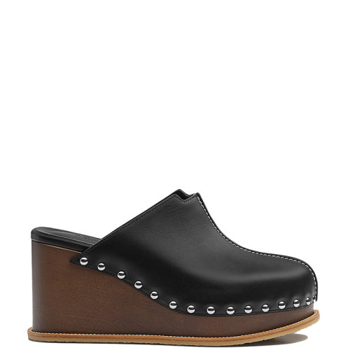 HERMES/愛馬仕 22年春夏新款 女士黑色小牛皮金屬鉚釘厚底坡跟穆勒鞋H221048Z02350