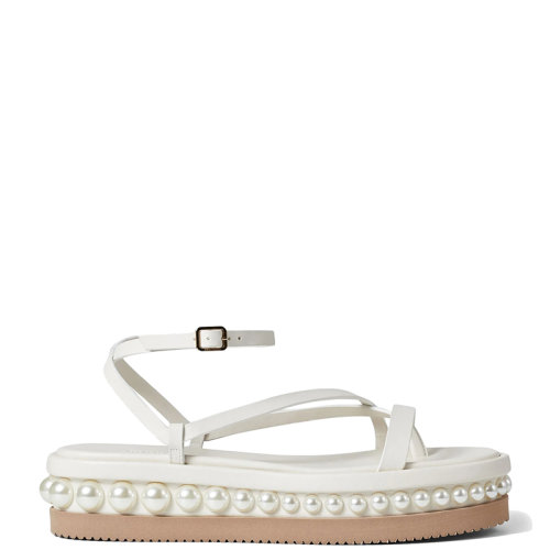 Jimmy Choo/周仰杰 22年秋冬新款 Pine Flat系列 女士奶油色小牛皮和白色珍珠厚底涼鞋PINEFLATZXA-LATTE