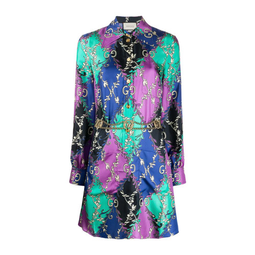 GUCCI/古馳  女士拼色字母壓花長(zhǎng)袖絲質(zhì)連衣裙